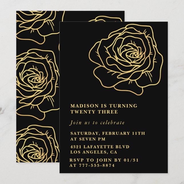 Invitations Black 23e anniversaire Gold Floral (Devant / Derrière)