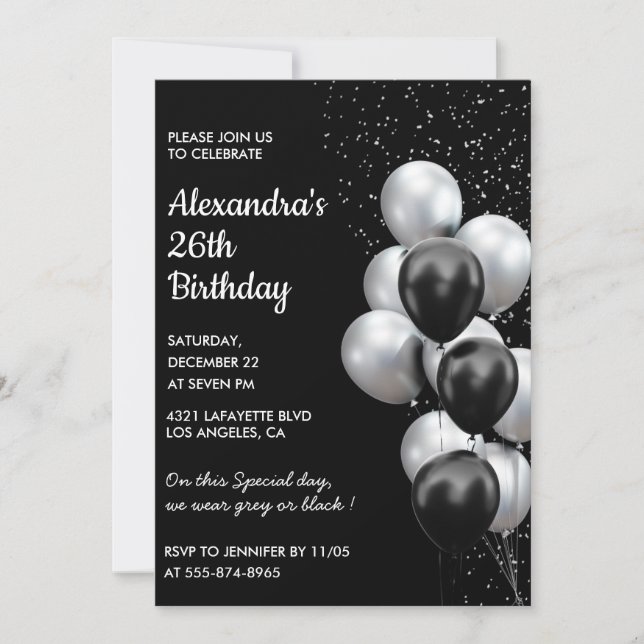 Invitations Black 26e anniversaire Balloons Silver (Devant)
