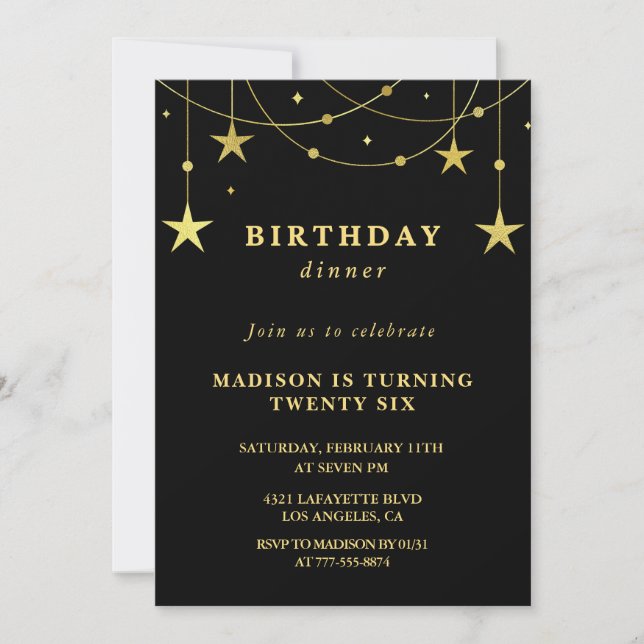 Invitations Black 26e anniversaire Gold Stars (Devant)