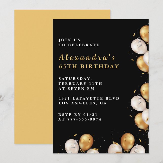 Invitations Black 65e anniversaire Gold Balloon (Devant / Derrière)