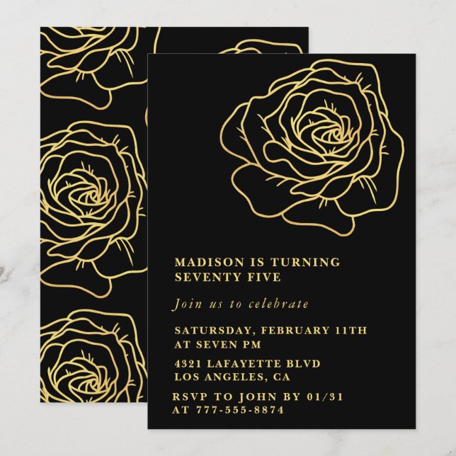 Invitations Black 75e anniversaire Gold Floral (Devant / Derrière)