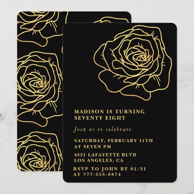 Invitations Black 78e anniversaire Gold Floral (Devant / Derrière)