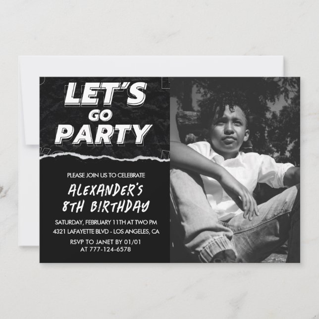 Invitations Black 8e anniversaire Boy Photo (Devant)
