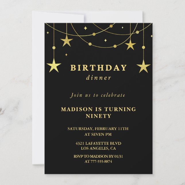 Invitations Black 90e anniversaire Gold Stars (Devant)