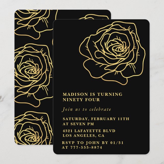 Invitations Black 94e anniversaire Gold Floral (Devant / Derrière)
