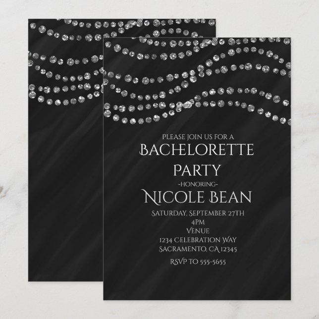Invitations Black & Diamond Glamor Bling Party (Devant / Derrière)