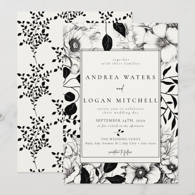 Invitations Black Floral Wedding (Devant / Derrière)