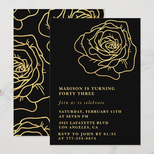 Invitations Black Gold 43e anniversaire Floral (Devant / Derrière)