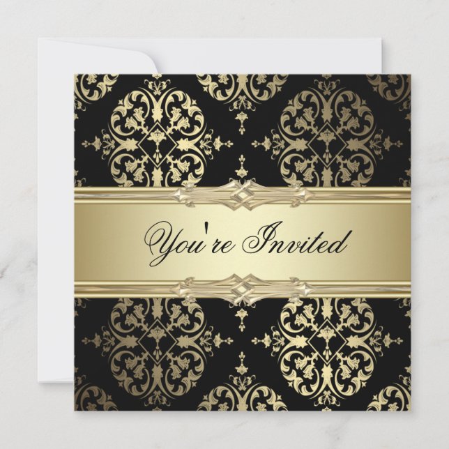 Invitations Black Gold Damask Party (Devant)