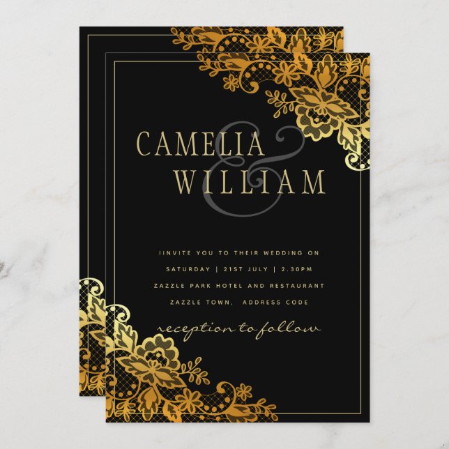 Invitations Black Gold Lace Wedding (Devant / Derrière)