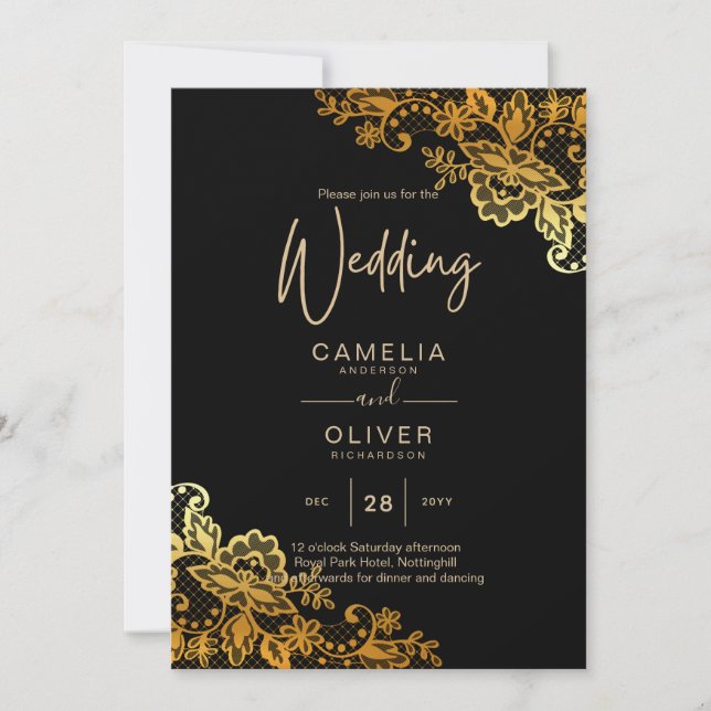 Invitations Black Gold Lace Wedding (Devant)