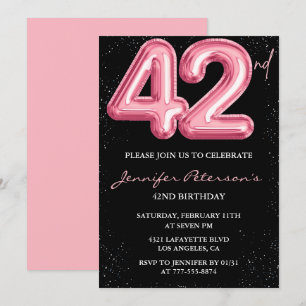 Invitations Black Pink 42e anniversaire Balloon Gl