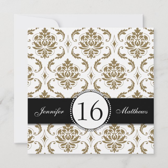 Invitations blanches de sweet sixteen de damassé (Devant)