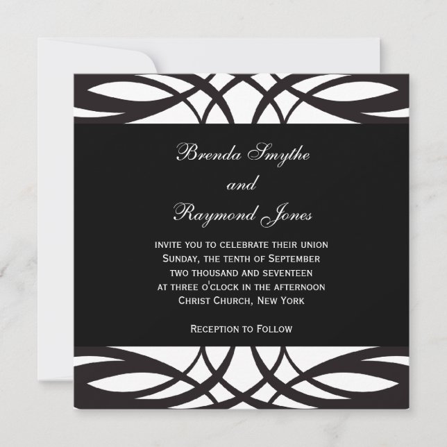 Invitations blanches noires de mariage d'art déco (Devant)