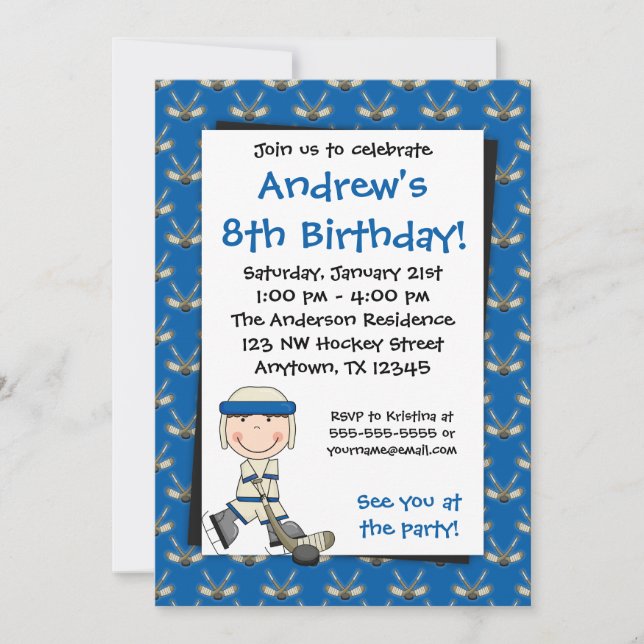 Invitations bleues d'anniversaire d'hockey (Devant)