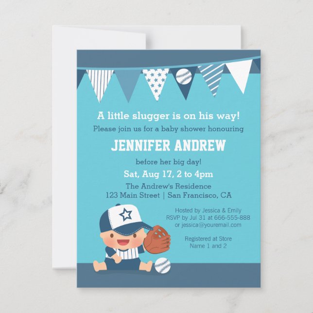 Invitations bleues de baby shower de base-ball de (Devant)