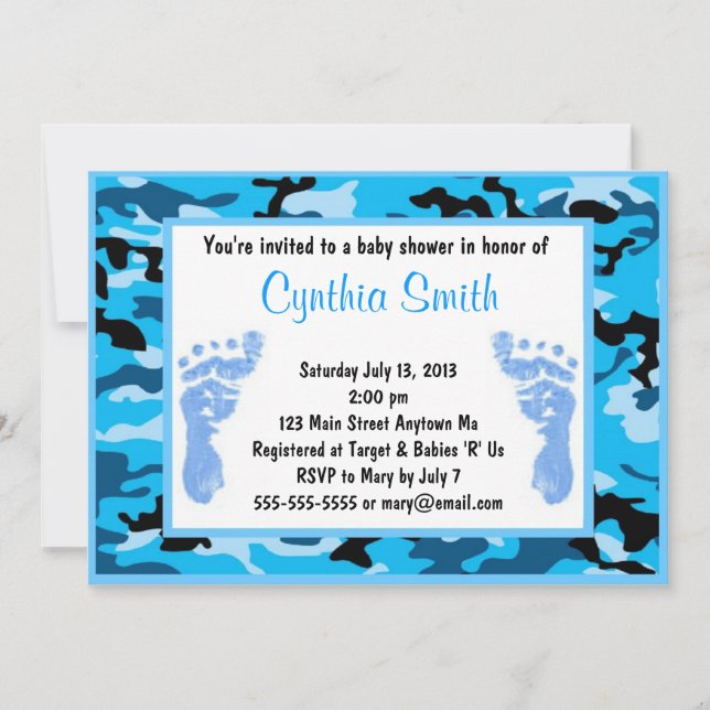 Invitations bleues de baby shower de camouflage (Devant)