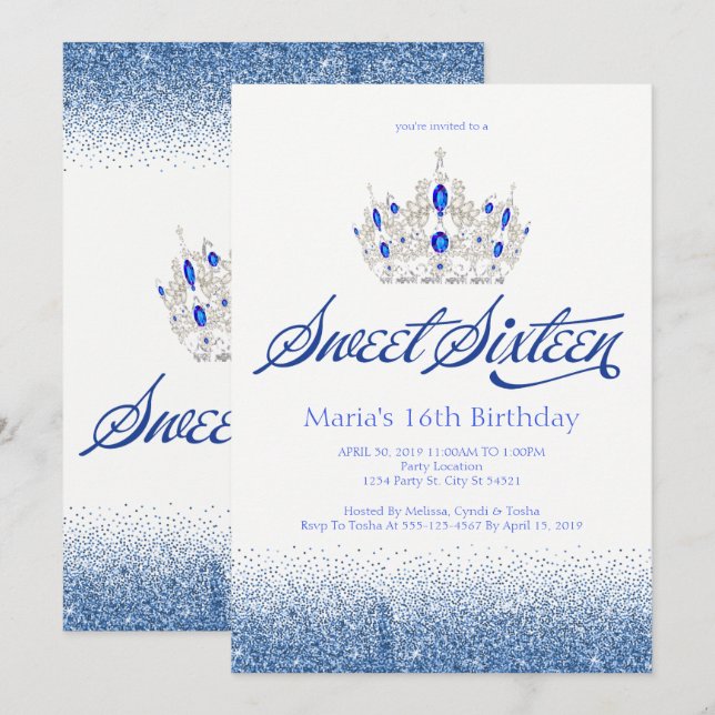 Invitations bleues de sweet sixteen de saphir (Devant / Derrière)
