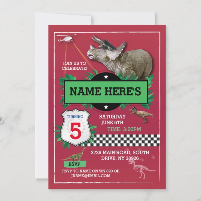 Invitations Bleues Dinosaures Red Cops Fun T-Rex (Devant)