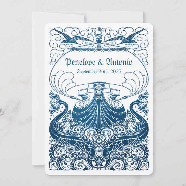 Invitations bleues nautiques vintages de mariage (Devant)
