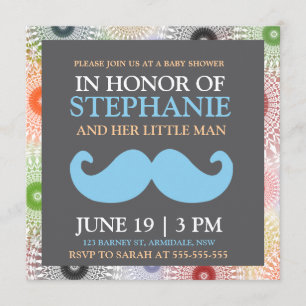 Invitations bleus de douche de bébé de moustache