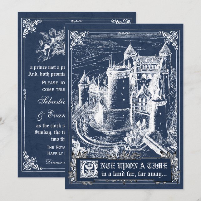Invitations bleus de mariage de livre de contes de (Devant / Derrière)
