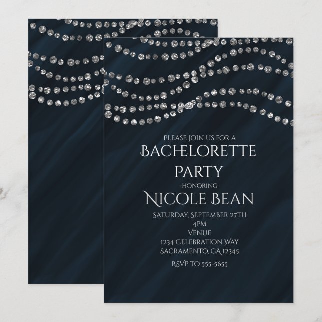 Invitations Blue & Diamond Glamor Bling Party (Devant / Derrière)
