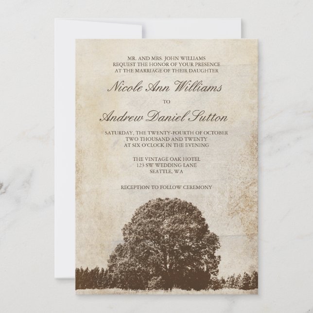 Invitations Brown de mariage de chêne de cru (Devant)