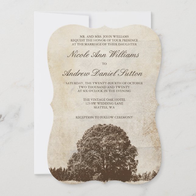 Invitations Brown de mariage de chêne de cru (Devant)