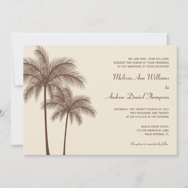 Invitations Brown de mariage tropical de palmiers (Devant)