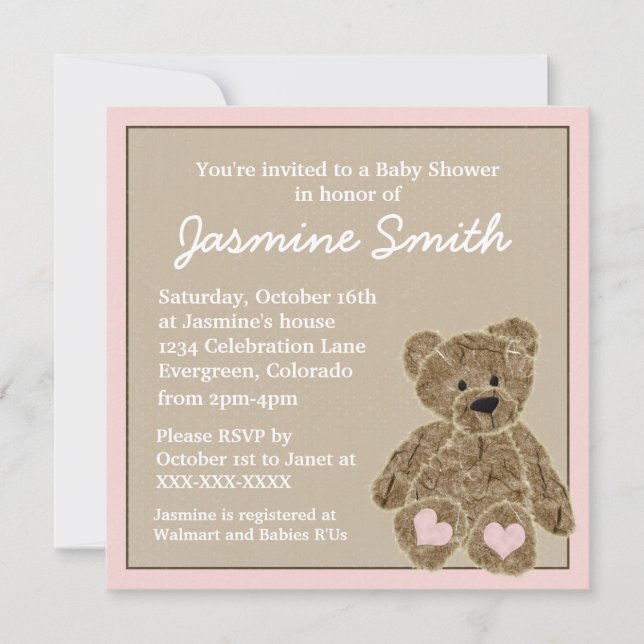 Invitations brunes roses de baby shower d'ours de (Devant)