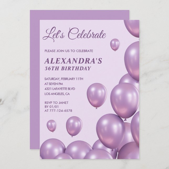 Invitations chic 36e anniversaire Ballons violet (Devant / Derrière)