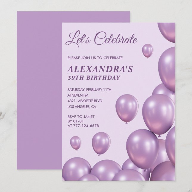 Invitations chic 39e anniversaire Ballons violet (Devant / Derrière)