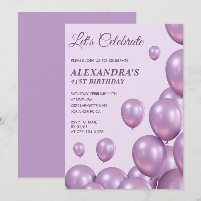 Invitations Chic 41e anniversaire Ballons violet (Devant / Derrière)