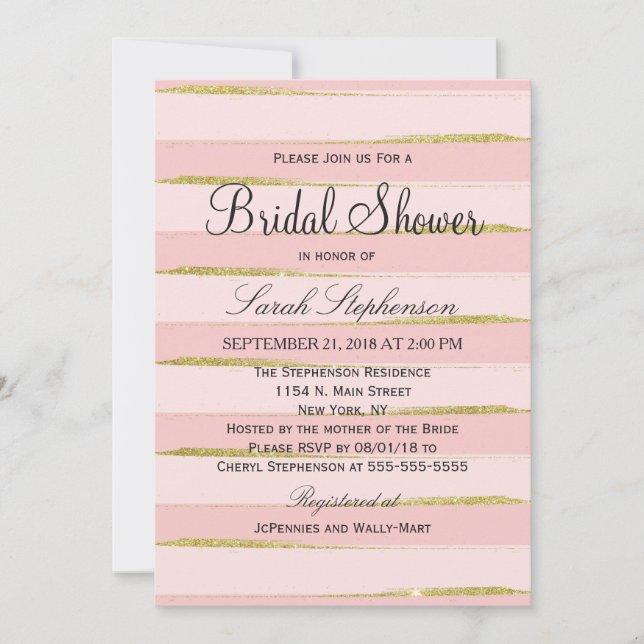 Invitations Chic Gold Rose Stripes Douche nuptiale (Devant)