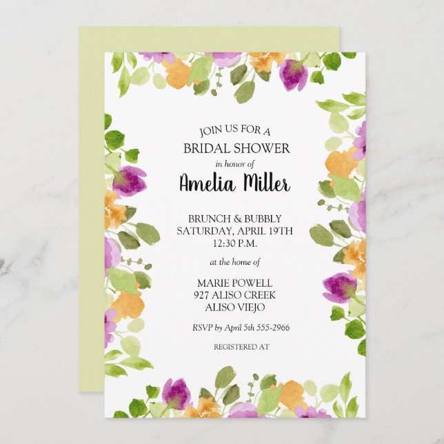 Invitations Chic Purple Floral Douche nuptiale (Devant / Derrière)