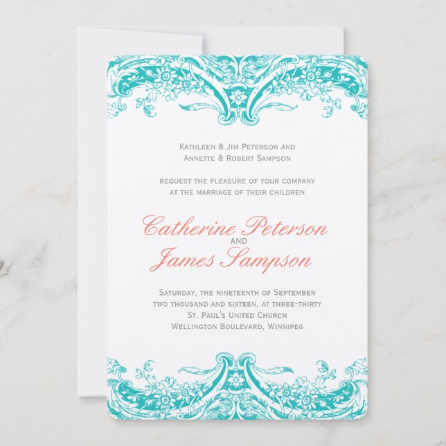 Invitations classiques de mariage turquoise et cor (Devant)