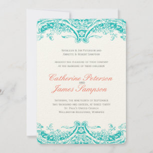 Invitations classiques de mariage turquoise et cor