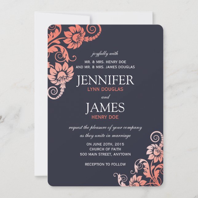 Invitations Classy Ombre Coral et Blue Wedding (Devant)