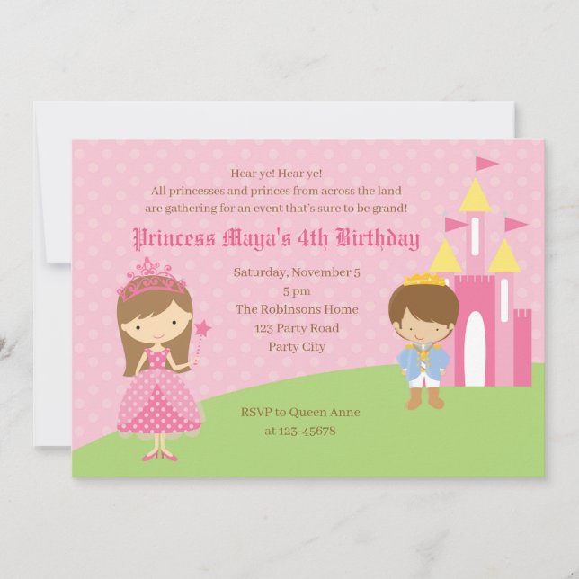 Invitations d'anniversaire à la princesse rose et  (Devant)