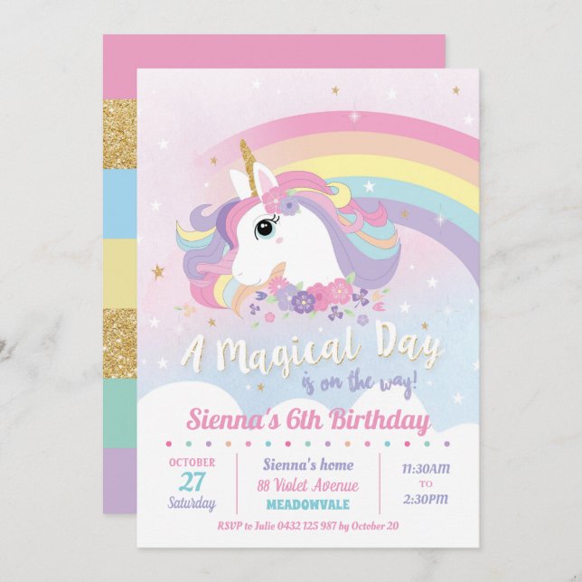 Invitations d'anniversaire à l'Unicorne Rainbow Gi (Devant / Derrière)