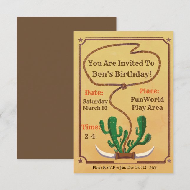 Invitations d'anniversaire à thème Cowboy (Devant / Derrière)