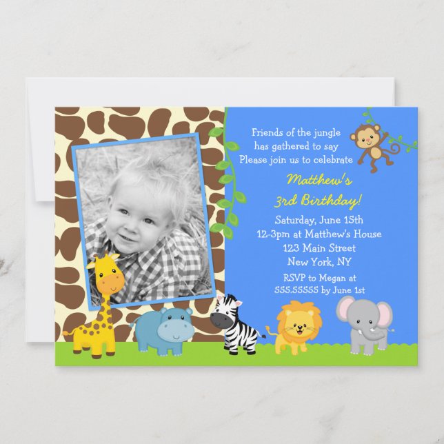 Invitations d'anniversaire au zoo de la Jungle Saf (Devant)
