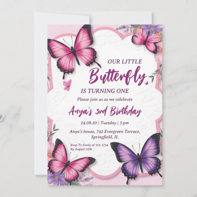 invitations d'anniversaire aux papillons roses et  (Devant)
