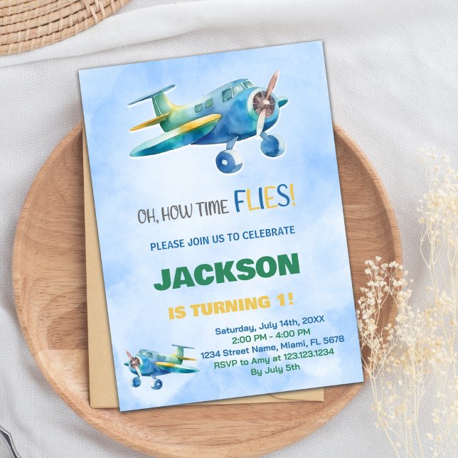 Invitations d'anniversaire d'avion bleu vert (Blue Green Airplane Birthday Invitations)