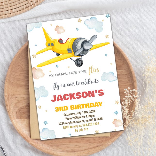 Invitations d'anniversaire d'avion jaune (Yellow Airplane Birthday Invitations)