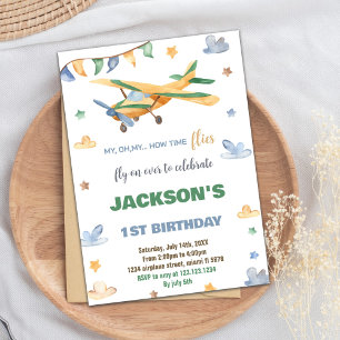 Invitations d'anniversaire d'avion jaune vert