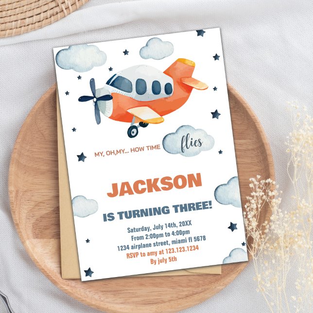 Invitations d'anniversaire d'avion orange (Orange Airplane Birthday Invitations)