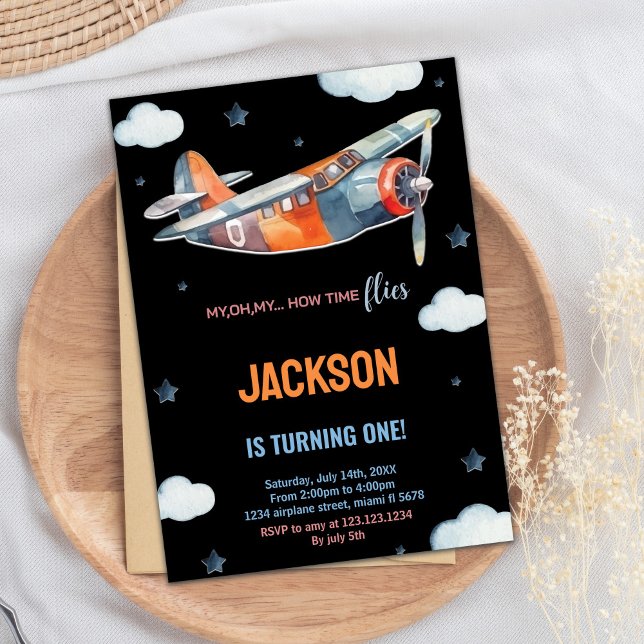 Invitations d'anniversaire d'avion orange noir (Black Orange Airplane Birthday Invitations)