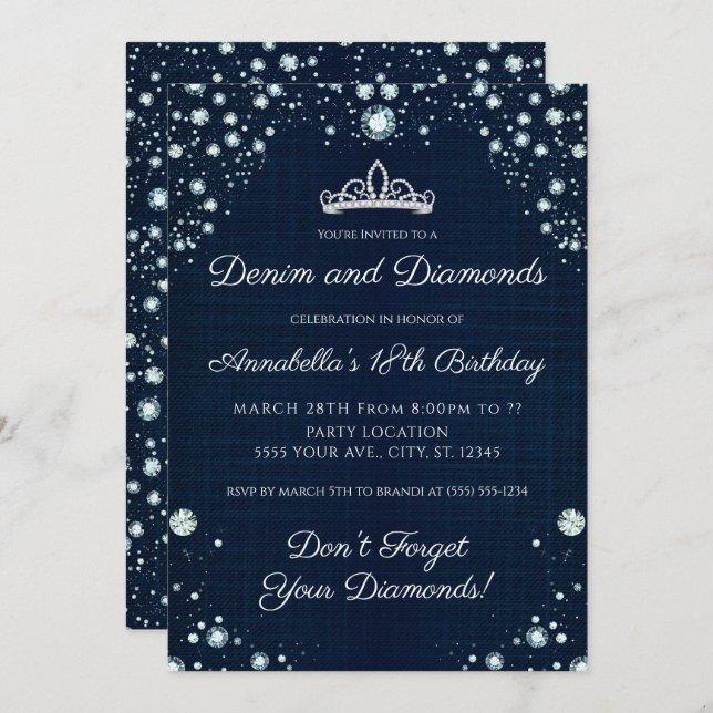 Invitations d'anniversaire de denim et de diamants (Devant / Derrière)